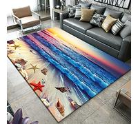 Océan 3D Bord de Mer Paysage Tapis Salon Chambre Décor Flanelle Enfants Tapis De Jeu Cuisine Couloir Tapis, Coucher De Soleil Vague Plage Étoile De Mer Coquillage Motif (Couleur 1,120x180 cm)