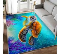Océan 80 x 150 cm Imprimé Tapis de Chambre, Corail Tortue Marine Animal Tortue Lavable Tapis de Salon Antidérapant - Bleu Aqua Doux Moquette pour Salle de Séjour Chambre d'enfant Salle de Jeu