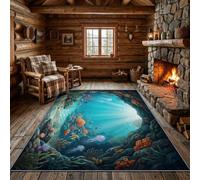 Océan Rêveur Tapis Antidérapant Doux Poils Ras 60 x 90 cm | Réaliste Poissons Tropicaux Méduses Algues Tapis Salon Lavable en Machine Chambre pour Cuisine, Salle à Manger Bleu