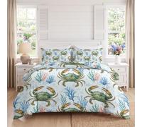 Océanique Set Housse de Couette 200 x 200 avec Fermeture éclair | Bleu Vert Microfibre Parure de Durable Résistante Décoloration Crabe Plage Été ensemble de housse de couette