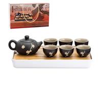 Oceano Service à thé chinois en céramique noire, service traditionnel complet, théière + 6 tasses + plateau drainant en plastique et bambou, idée cadeau avec emballage