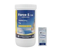 OCEDIS Force 5-20 Multifonctions Pastilles 20g - 1kg | Chlore Lent Stabilisé Multiaction - Désinfection Régulière Multifonction - Dissolution Lente + 10 Tests HPS OFFERTS 6 en 1