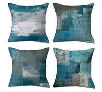 OCEUMACO Housse de Coussin 40x40 Abstrait Décoratif Housses Coussins pour Canapé Salon Lit Extérieur Lot de 4 Art Imprimé Taie d'oreiller Doux en Lin Deco Scandinave - Gris Turquoise Bleu