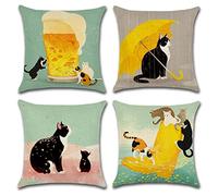 OCEUMACO Housse de Coussin 40x40 Chat Noir Décoratif Housses Coussins pour Canapé Salon Lit Extérieur Lot de 4 Animaux Imprimé Taie d'oreiller Enfant en Lin Deco Scandinave - Vert Jaune