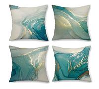 OCEUMACO Housse de Coussin 40x40 Marbre Turquoise Décoratif Housses Coussins pour Canapé Chaise Salon Lot de 4 Or Abstrait Taie d'oreiller en Lin Scandinave - Bleu Canard Doré