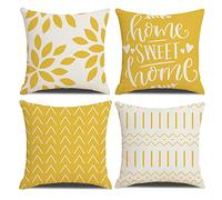 OCEUMACO Housse de Coussin 45x45 Home Décoratif Housses Coussins pour Canapé Chaise Lit Salon Lot de 4 Fleurs Géométrique Moderne Taie d'oreiller en Lin Deco Scandinave - Beige Jaune Moutarde