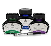 Octopus Encre verte mousse, bleu outremer, aubergine, stylo plume avec convertisseur, coffret cadeau encre pour stylo plume et plume, encre pour écrire et colorier, 3 x 30 ml