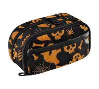 ODAWA Trousse noire à double fermeture éclair avec plusieurs compartiments de rangement pour Halloween, tête de mort, fantôme, 21,1 x 7,9 x 12,4 cm