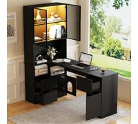 odikalo Bureau avec étagère et vitrine LED, noir, 120 x 80 x 180 cm | Bureau d'angle avec 3 tiroirs, 2 portes, compartiments ouverts, bibliothèque intégrée et passe-câble