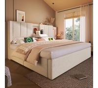 odikalo Lit rembourré 140 x 190 cm avec espace de rangement, station de | Lit double avec tête de lit et porte-gobelet caché, lit avec coffre hydraulique, sans matelas