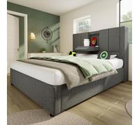 odikalo Lit rembourré 90 x 200 cm avec espace de rangement, station de | Lit simple avec tête de lit et porte-gobelet caché, lit avec coffre hydraulique, sans matelas