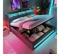 odikalo Lit simple rembourré 160 x 200 cm, avec USB, LED, avec sommier à lattes en métal, lit pour adolescent, lit hydraulique avec fonction de rangement, gris (sans matelas)