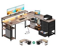 ODK Bureau avec Tiroirs, Bureaux d'angle Réversible avec 2 Prises et 2 Ports USB, LED pour Bureau à Domicile 155×110cm (Chêne Gris)