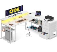 ODK Bureau avec Tiroirs, Bureaux d'angle Réversible avec 2 Prises et 2 Ports USB, LED pour Bureau à Domicile, Blanc Pur, 155×110cm