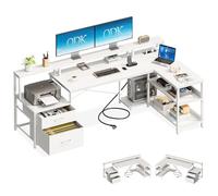 ODK Bureau d’Angle en L avec Rangement et Tiroirs, 172.5×100cm Grand Bureau Gaming Réversible avec Prise de USB et Prises Courant, Table Informatique pour Chambre ou Coin Travail, Blanc