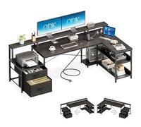 ODK Bureau d’Angle en L avec Rangement et Tiroirs, 189.3×100cm Grand Bureau Gaming Réversible avec Prise de USB et Prises Courant, Table Informatique pour Chambre ou Coin Travail, Noir
