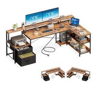 ODK Bureau d’Angle en L avec Rangement et Tiroirs, 189.3×100cm Grand Bureau Gaming Réversible avec Prise de USB et Prises Courant, Table Informatique pour Chambre ou Coin Travail, Brun Vintage