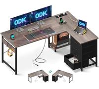 ODK Bureau d'angle avec 4 Tiroirs, 135×100 cm Bureau en L avec Prises de Courant et Ports de Charge USB, Table Angle avec Rangement Réversible pour Travailler et Jouer, Chêne Gris
