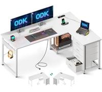 ODK Bureau d'angle avec 4 Tiroirs, 135×100 cm Bureau en L avec Prises de Courant et Ports de Charge USB, Table Angle avec Rangement Réversible pour Travailler et Jouer, Blanc