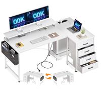 ODK Bureau d'angle avec 4 Tiroirs, 140x80cm Bureau en L avec Prise de Charge USB et Prise de Courant, Table Informatique Réversible avec Support d'écran pour Chambre Domicile Maison,Blanc