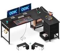 ODK Bureau d'angle avec 4 Tiroirs, 155×110 cm Bureau en L avec Prises de Courant et Ports de Charge USB, Table Angle avec Rangement Réversible pour Travailler et Jouer, Noir