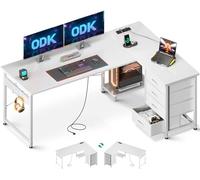 ODK Bureau d'angle avec 4 Tiroirs, 155×110 cm Bureau en L avec Prises de Courant et Ports de Charge USB, Table Angle avec Rangement Réversible pour Travailler et Jouer, Blanc