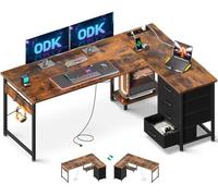 ODK Bureau d'angle avec 4 Tiroirs, 155×110 cm Bureau en L avec Prises de Courant et Ports de Charge USB, Table Angle avec Rangement Réversible pour Travailler et Jouer, Brun Vintage