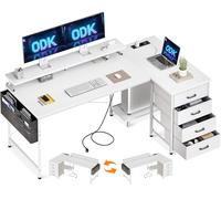 ODK Bureau d'angle avec 4 Tiroirs, 160x80cm Bureau en L avec 2 Prise de Charge USB et 2 Prise de Courant, Grand Table Informatique Réversible Table avec Rangement pour Domicile, Blanc