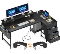 ODK Bureau d'angle avec 4 Tiroirs, 160x80cm Bureau en L avec 2 Prise de Charge USB et 2 Prise de Courant, Grand Table Informatique Réversible Table avec Rangement pour Domicile, Noir