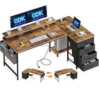 ODK Bureau d'angle, Bureau en L avec 2 Prise de Charge USB et 2 Prise de Courant, Table Informatique Réversible avec 4 Tiroirs et Tablette pour écran Table pour Domicile, Marron,160x80x84.7cm