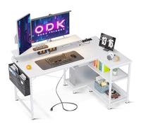 ODK Bureau d'angle Réversible, 120x80cm Bureau Gaming en L avec Port De Charge USB Et Prise De Courant, Table Ordinateur avec Support D'écran pour Domicile, Blanc