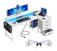 ODK Bureau d'angle Réversible, 160x80x84.7cm Bureau Gaming LED, Bureau en L avec 2 Prise de Charge USB et 2 Prise de Courant, Bureau Informatique avec 4 Tiroirs, Bureau Gamer pour Domicile, Blanc