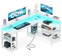 ODK Bureau Gaming avec LED, 150×102 cm Bureau Gaming Réversible avec 2 Prises et 2 Ports USB, Grand Bureau d'angle avec Étagère en Maille, Blanc