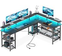 ODK Bureau Gaming avec LED, 168×120cm Bureau Gaming Réversible avec 2 Prises et 2 Ports USB, Grand Bureau d'angle avec Étagère en Maille, Noir Carbone