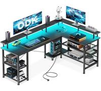 ODK Bureau Gaming avec LED, Bureaux Gaming Réversible avec 2 Prises et 2 Ports USB, Grand Bureau d'angle avec Étagère en Maille, Noir Carbone150×102 cm