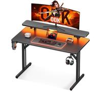 ODK Bureau Gaming avec Lumières LED, 80cm Bureau Gamer avec Support de Moniteur, Table Gaming avec Porte-Gobelet et Crochet pour Casque D'écoute, Fibre de Carbone Noir