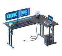 ODK Bureau Gaming, Bureau Gamer avec éclairage LED et Prise de Courant, Table Gaming Angle avec Crochet pour Casque, Table Gamer Fibre de Carbone Noir 130×90 cm