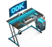 ODK Bureau Gaming LED, 100 x 50 cm Bureau Gamer avec Porte-Gobelet et Crochet pour Casque D'écoute, Table Gaming Fibre de Carbone Noir