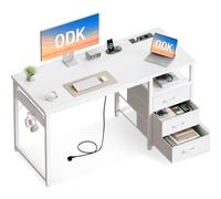 ODK Petit Bureau avec 3 Tiroirs en Tissu, 100x48x75.5 cm Bureau Informatique avec 2 Prises électriques et Prises USB, Bureaux Ordinateur Réversible pour Petit Espace, Bureaux à Domicile, Blanc