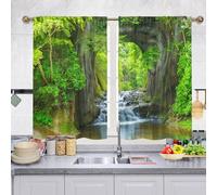 Odot 2 Panneaux Rideau de Cuisine Court, Jungle Verte 3D Rideaux Brise Bise Cuisine Evier Rideaux Demi Fenetre Décoration de Maison pour Petie Fenetre Chambre Salon (Vert 2,60x90cm)