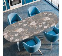Odot Nappe de Table Ovale en Anti Tache Intérieur Extérieur Nappe Ovale avec Bord Élastique Imperméable Couverture de Table pour Maison Cuisine Jardin, 3D Imprimé Floral (Feuilles Gris,107x152cm)
