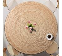 Odot Nappe Ronde 60-140cm Anti-Tache, Grain de Bois Imprimé Nappe Table Ronde avec Bord Élastique Lavable Imperméable Couverture de Table de Jardin Exterieur pour Cuisine Fête Salon (Beige,130cm)