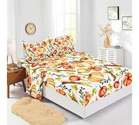 Odot Parure de Lit avec Drap Housse Drap Plat Taie Doreiller, Motif Dessin Animé Draps Housses Bonnet 40cm, pour Adultes Enfant, Lit 1~2 Personnes (140x190cm-4 Pieces,Citrouille Orange)
