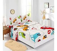 Odot Parure de Lit avec Drap Housse Drap Plat Taie Doreiller, Motif Dessin Animé Draps Housses Bonnet 40cm, pour Adultes Enfant, Lit 1~2 Personnes (90x190cm-3 Pieces,Voiture de Dessin animé)