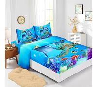 Odot Parure Drap Housse, Drap Plat et Taie d'oreiller - Motif Tortue de Mer Draps Housses avec Bonnet 40cm, pour Adultes Enfant, Lit 1~2 Personnes (Dauphin de Dessin animé,150x200cm-4 Pieces)