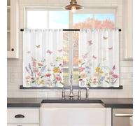 Odot Rideau de Cuisine Court,2 Pièces Motif Feuilles Vertes Pastoral Non Rideaux Brise Bise Cuisine Demi Transparent,Rideaux Demi avec Passe Tringle,Décoration de Maison (Papillons,80x100cm)