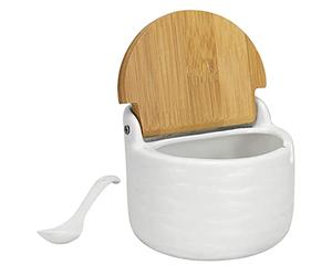 Odoukey Pot à sucre sucrier avec couvercle et cuillère 250 ml pot en céramique lavable à sel pour épices poivre maison cuisine blanc