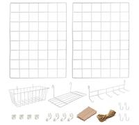 ODOXIA 2 Pack Grille Murale avec Accessoires | Contient Panier, Etagère, Crochets | Grille Photo Mural | Tableau | Décoration Suspendue pour Maison, Bureau, Cuisine | Métallique Et Blanc