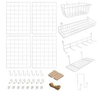 ODOXIA 4 Pack Grille Murale avec Accessoires | Contient Panier, Trieur, Etagère Et Crochets | Tableau | Grille Photo Mural | Décoration Suspendue pour Maison, Bureau,Cuisine | Métallique Et Blanc
