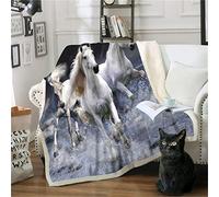 Oduo Couverture Polaire Epaisse Enfant/Adulte, Microfibre Sherpa 3D Douce Moelleuse Chaud en Hiver Multifonctionnelle Couverture pour Canapé-lit Canapé Salon (Cheval Blanc,140x180cm)